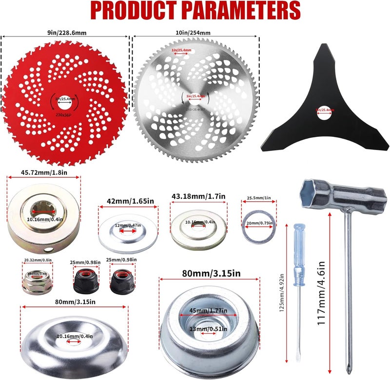 Azushwer 10" x 80T Carbide Tip Brush Cutter Trimmer Blades & 9" x 36 Teeth Carbide Tipped Blades & 10" x 3 Teeth Carbon Blades with Adapter Kit - Image 2